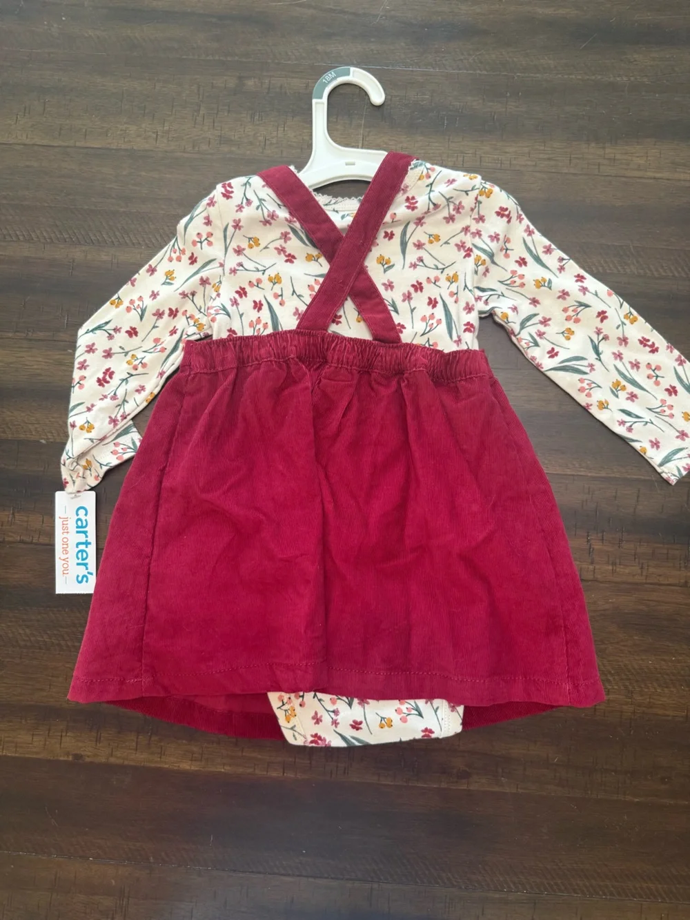 Girls' Red Corduroy Pinafore Dress with Floral Top